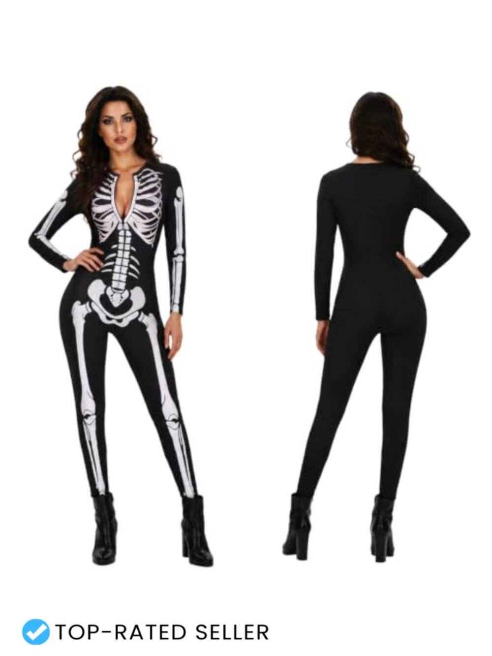 Skeleton Jumpsuit Costume Women Zip Front Halloween Bodysuit
